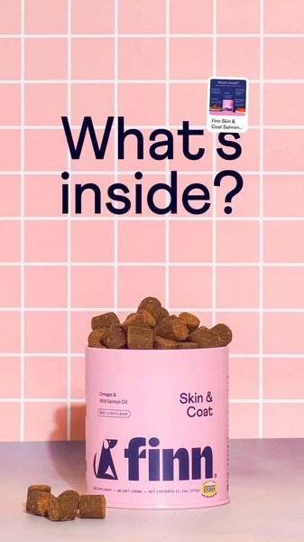 A clean, minimalist 9:16 ad creative featuring a dog supplement jar against a pink tiled background to highlight the product directly.